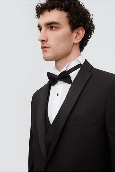 Twn Slim Fit Black Plain Groom Suit & Tuxedo Suit with Vest