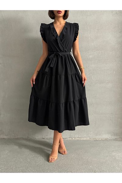BEJNA Women's Black Flounce Double Breasted Collar Dress