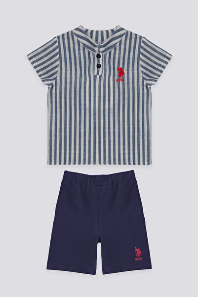U.S. Polo Assn. طقم تي شيرت للأطفال من يو إس بولو أسن بتصميم مخطط باللون الأز...