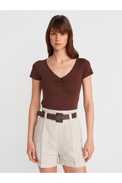 Dilvin 31798 Short Sleeve Shirred Top-Light Brown