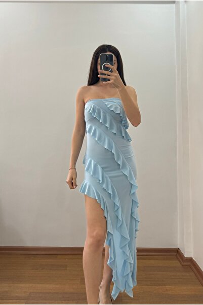 Sunshine Butik Straplez Mavi Yırtmaçlı Elbise