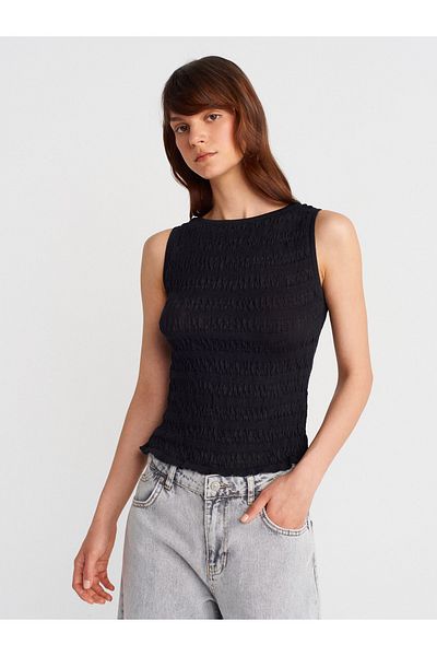 Dilvin 10751 Boat Neck Gathered Slim Knitwear Blouse-Black