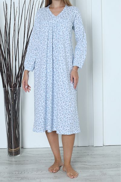 Nicoletta Plus Size Cotton Blue Long Tunic - Long Nightgown, Sleeves
