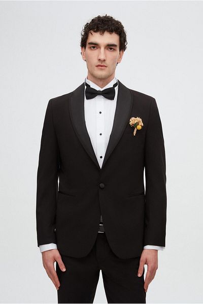 Twn Slim Fit Black Plain Groom Suit & Tuxedo Suit with Vest