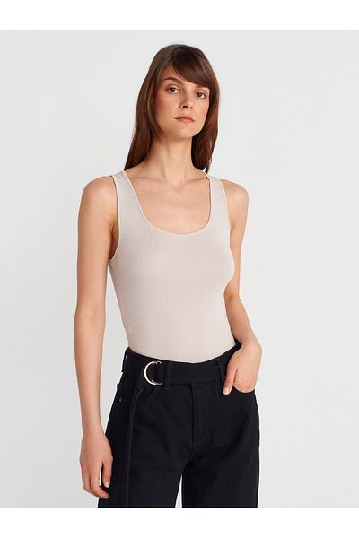 Dilvin 10746 Thick Strap Basic Knitwear Blouse-Stone