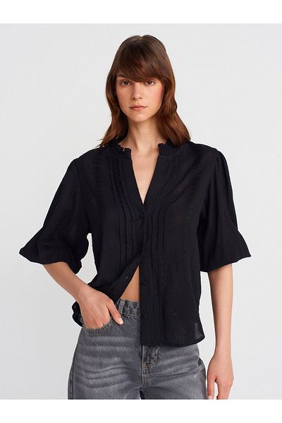 Dilvin 5807 Rib Detailed Balloon Sleeve Shirt-Black