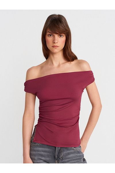 Dilvin 31865 Off-The-Shoulder Shirred Top-Light Burgundy