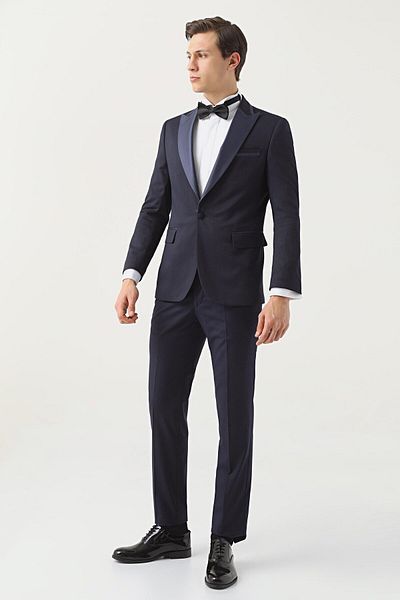 D'S Damat Slim Fit Navy Blue Dobby Groom Suit & Tuxedo Suit