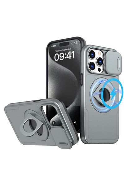 REDz Accessories Carcasă Slide Armor, protecție cameră, MagSafe, compatibilă cu iPhone 15 Pro, inel rotativ, gri