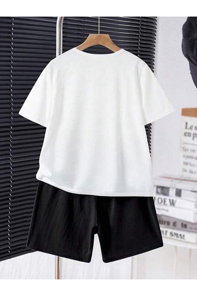 vinraus Girl\Boy White-Black Cool Lightning Teddy Bear Printed Combed Cotton Shorts-Tshirt Set