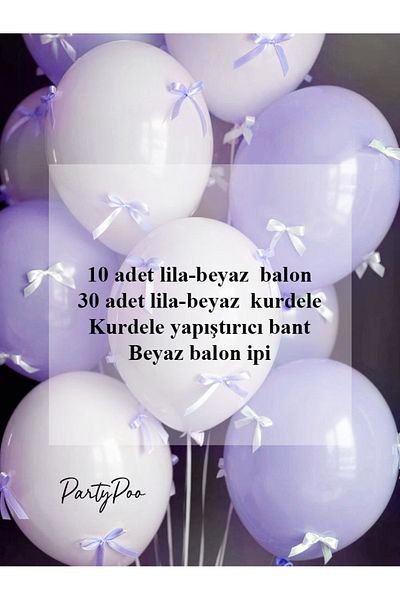 PartyPoo White Lilac Bow Ribbon, Lilac White Balloon Set 10 Birthday Bow Balloons, Balloon with Ribbon
