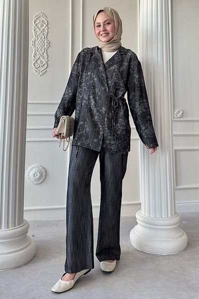 InStyle Denim Look Jacquard Anthracite Kimono Set