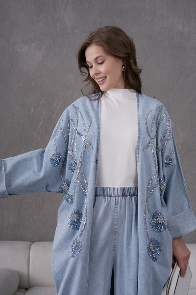 Miss Allos Women's Front Sequin Embroidered Stone and Pearl Detailed Denim Kimono Cardigan