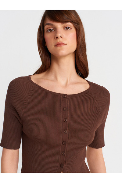 Dilvin 60970 Ανοιχτό Μπλούζα με Κολάρο τύπου Ποδηλάτου με κουμπιά και λεπτό πλεκτό ζακέτα-Καφέ