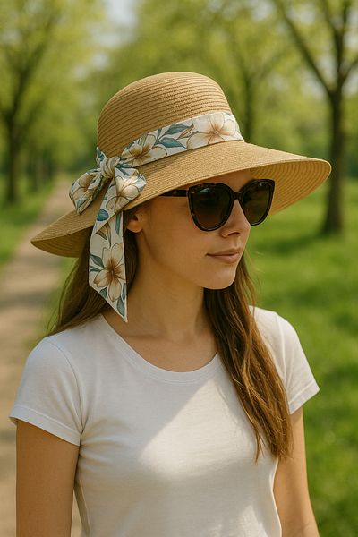 LAGRANZE Women S Wide Brim Straw Hat with Flower Pattern Bow Detail Summer Uv Protection