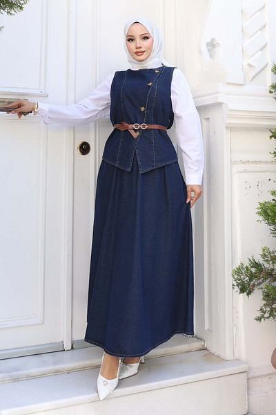 benguen Vest Skirt Double Denim Suit Navy Blue 357