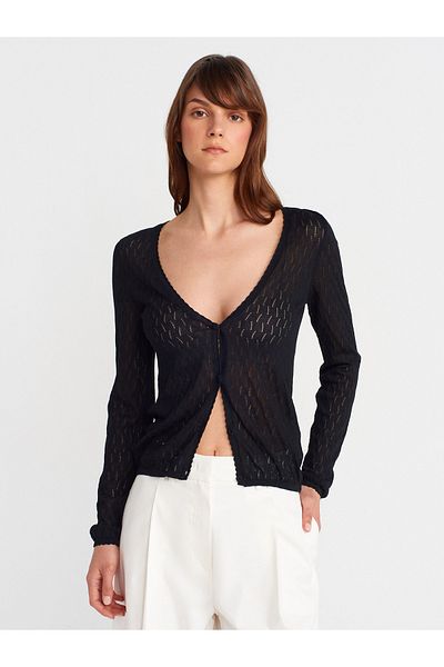 Dilvin 60969 V-Neck Openwork Button Slim Knitwear Cardigan-Black