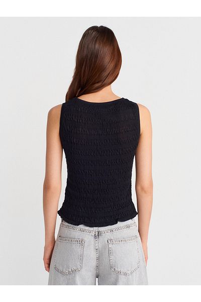 Dilvin 10751 Boat Neck Gathered Slim Knitwear Blouse-Black