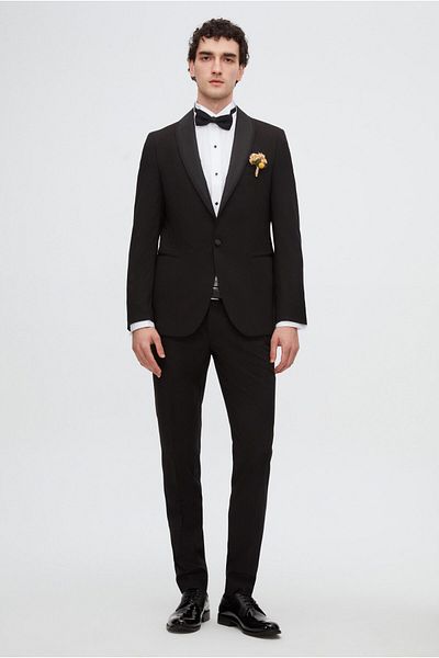 Twn Slim Fit Black Plain Groom Suit & Tuxedo Suit with Vest