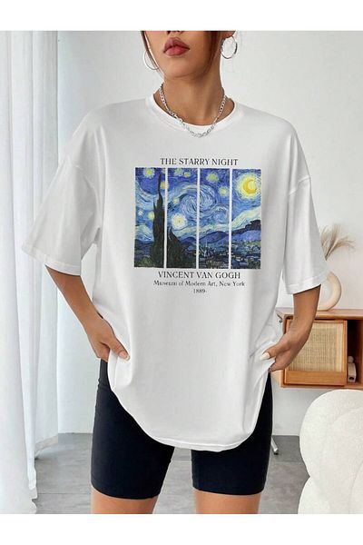 PENTHİLUS Women's Casual Printed Short Sleeve T-Shirt Oil Painting "Starry Night" Printed
