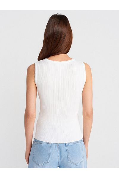 Dilvin 10753 Boat Neck Ribbed Thin Knitwear Blouse-Ecru