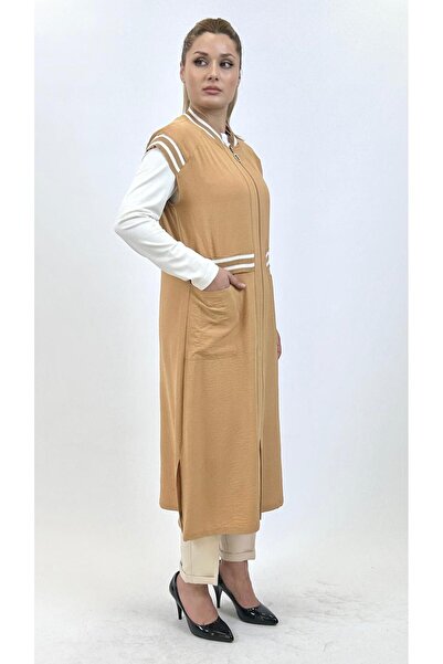 Ayda Triko Fermuarlı Cepli Ribana Detaylı Kadın Yelek