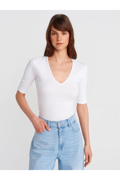 Dilvin 31843 V-Neck T-Shirt-White