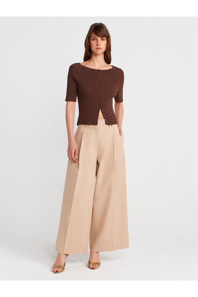 Dilvin 60970 Ανοιχτό Μπλούζα με Κολάρο τύπου Ποδηλάτου με κουμπιά και λεπτό πλεκτό ζακέτα-Καφέ