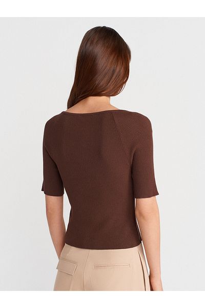 Dilvin 60970 Light Crew Neck Ribbed Buttoned Slim Knitwear Cardigan-Brown