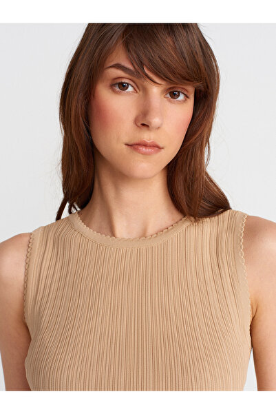 Dilvin 10753 Boat Neck Ribbed Thin Knitwear Blouse-Beige