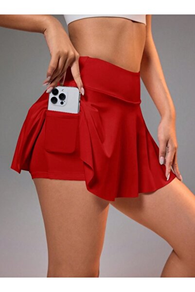 LADY HAZAL Kırmızı Darkalıp Yüksek Bel Tam Toparlayıcı Taytlı Deniz Şortu Lady Plaj Ve Spora Uygun Etek