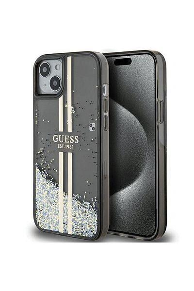 REDz Accessories Carcasă Guess pentru iPhone 13/14/15, sclipici lichid, dungi aurii, negru