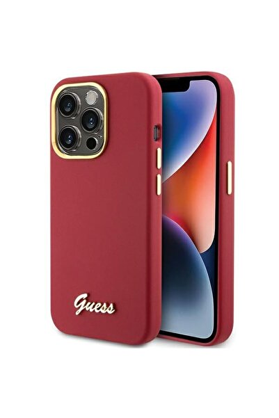 REDz Accessories Carcasă Guess pentru iPhone 15 Pro, Colecție cu logo și ramă metalică Script din silicon, roșie