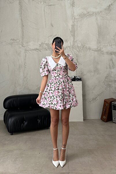 MEECY Φόρεμα φλοράλ με μπαλόνι γιακά μωρού