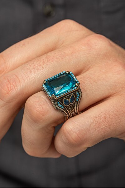 ALYANSEVİM Aqua Mavi Taşlı 925 Gümüş Erkek Yüzük