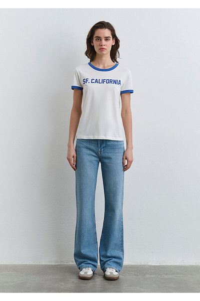 Mavi White with Blue Piping Sf California Printed T-Shirt Slim Fit