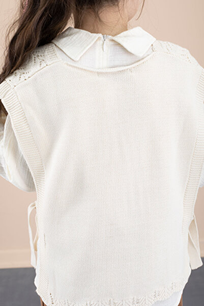 Cansın Mini Girl's 3-Piece Top and Bottom Set with Cream Knitted Sweater and Muslin Shirt 20538