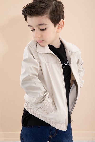 Cansın Mini Boy's Beige 3-Piece Set - Back Print, Zip-Up Jacket and Pants 20277