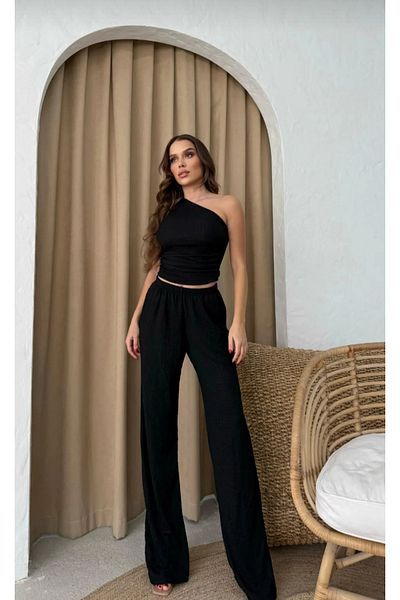 Xenthe New Season Women's Black Seersucker Fabric One Shoulder Crop Blouse and Wide Leg Pants Double Suit