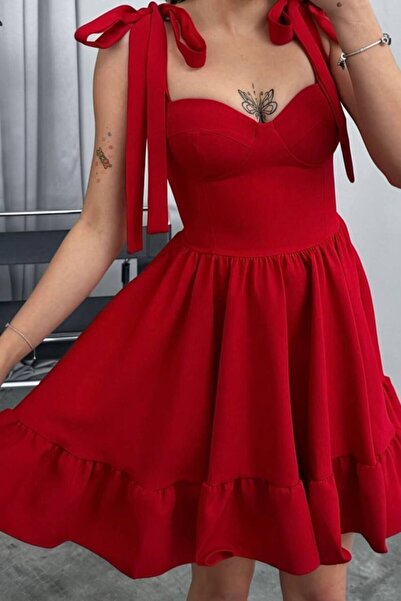 ALFUDO Moda Collection Gögüs Baglamalı Kırmızı Elbise