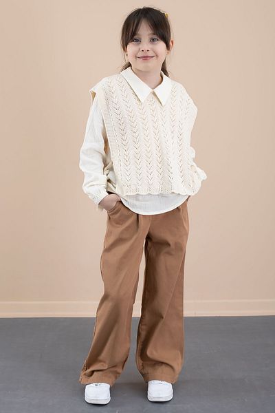 Cansın Mini Girl's 3-Piece Top and Bottom Set with Cream Knitted Sweater and Muslin Shirt 20538