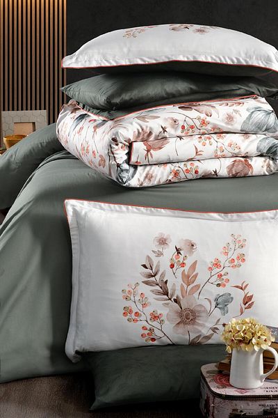 Story home Textile Set de lenjerie de pat dublă Story Home 100% bumbac satinat, 300 TC, 6 piese, husă pilotă 200x220 cm Viyana bej