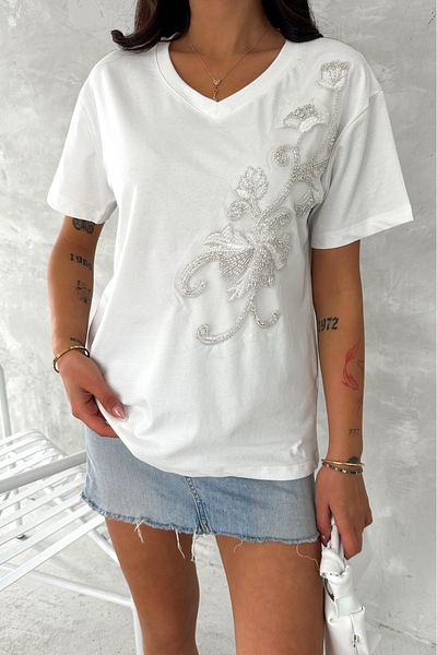 FEMELLE Tricou alb cu decolteu în V cu paiete și broderie, 100% bumbac