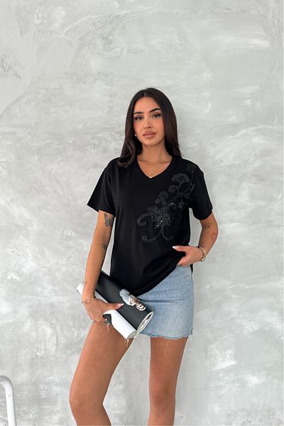FEMELLE Tricou de damă negru cu decolteu în V cu paiete și broderie 100% bumbac
