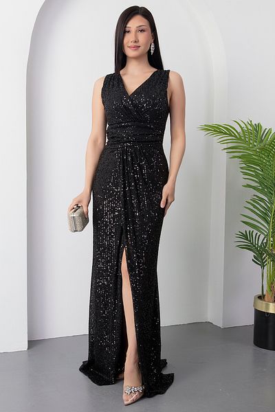 PULLIMM Double Breasted Neckline Slit Pulpayet Dress Ap-3009
