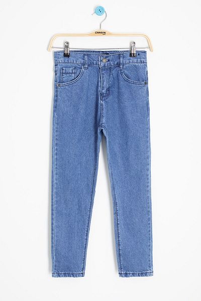 Cansın Mini Pantaloni de jeans pentru băiat, albastru, cu picior îngust, cu imprimeu text pe spate 20420