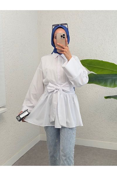 Modamorfo Half Buttoned Tunic with Tie Waist and Side Zipper - White