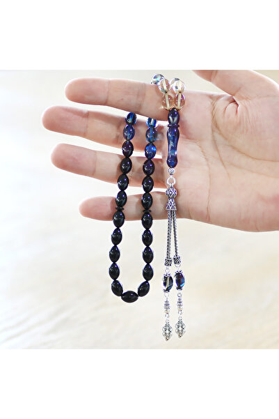 Tesbihane Ασημένιο 925 Χάντρες προσευχής με διπλό φεγγάρι και αστέρι, με φούντες, κομμένο σε σχήμα κριθαριού, μπλε φωτιά κεχριμπάρι 101001526
