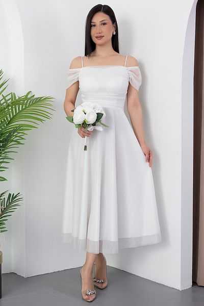 PULLIMM Square Neck Strap Glitter Tulle Dress 39976