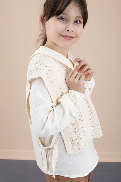 Cansın Mini Girl's 3-Piece Top and Bottom Set with Cream Knitted Sweater and Muslin Shirt 20538